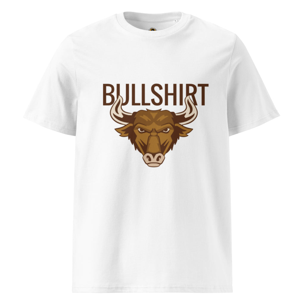Produ
Ein weißes T-Shirt mit dem Aufdruck des Wortspiels "BULLSHIRT" in brauner Schrift. Darunter befindet sich der stilisierte Kopf eines grimmig dreinblickenden braunen Bullen.