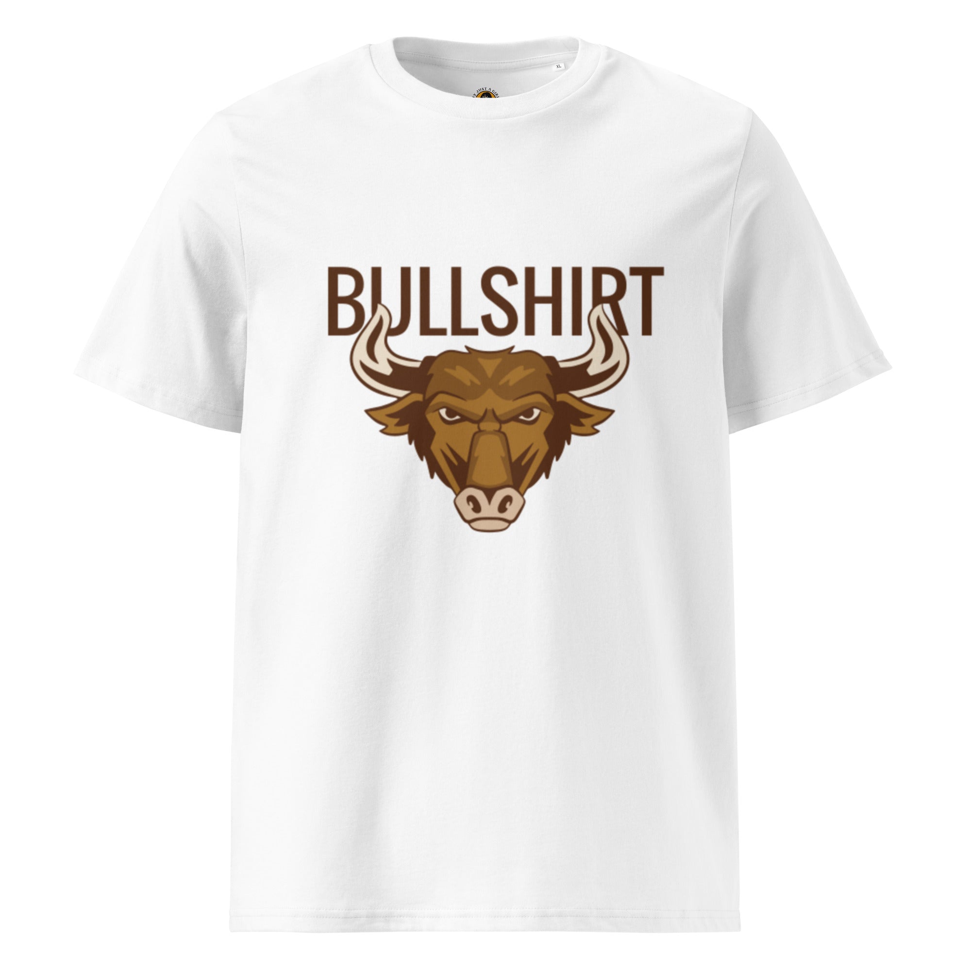 Produ
Ein weißes T-Shirt mit dem Aufdruck des Wortspiels "BULLSHIRT" in brauner Schrift. Darunter befindet sich der stilisierte Kopf eines grimmig dreinblickenden braunen Bullen.