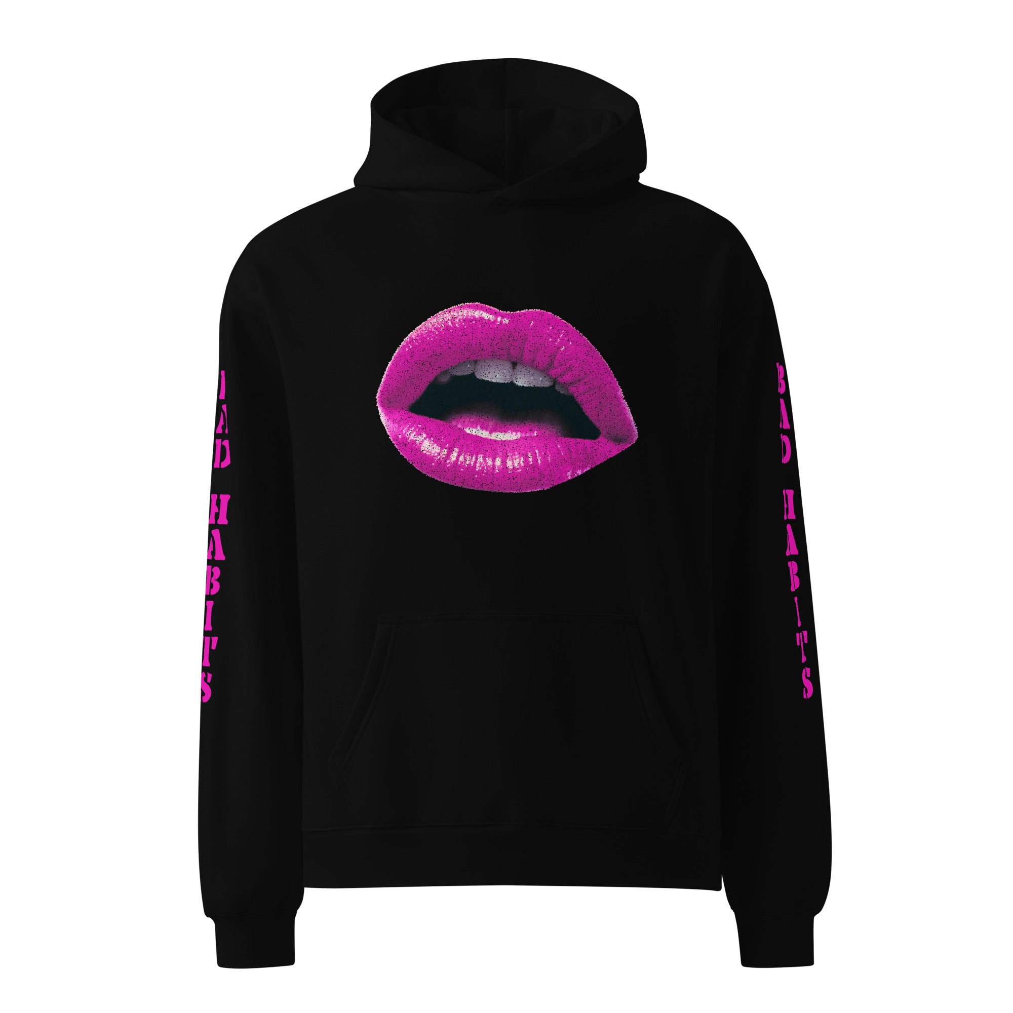 Oversized Hoodie in schwarz mit "Bad Habits" in pinken Design. Verfügt über ein Mund-Motiv auf der Vorderseite und einen "BAD HABITS" Schriftzug auf dem Ärmel. Erhältlich in 4 verschiedenen Farben.