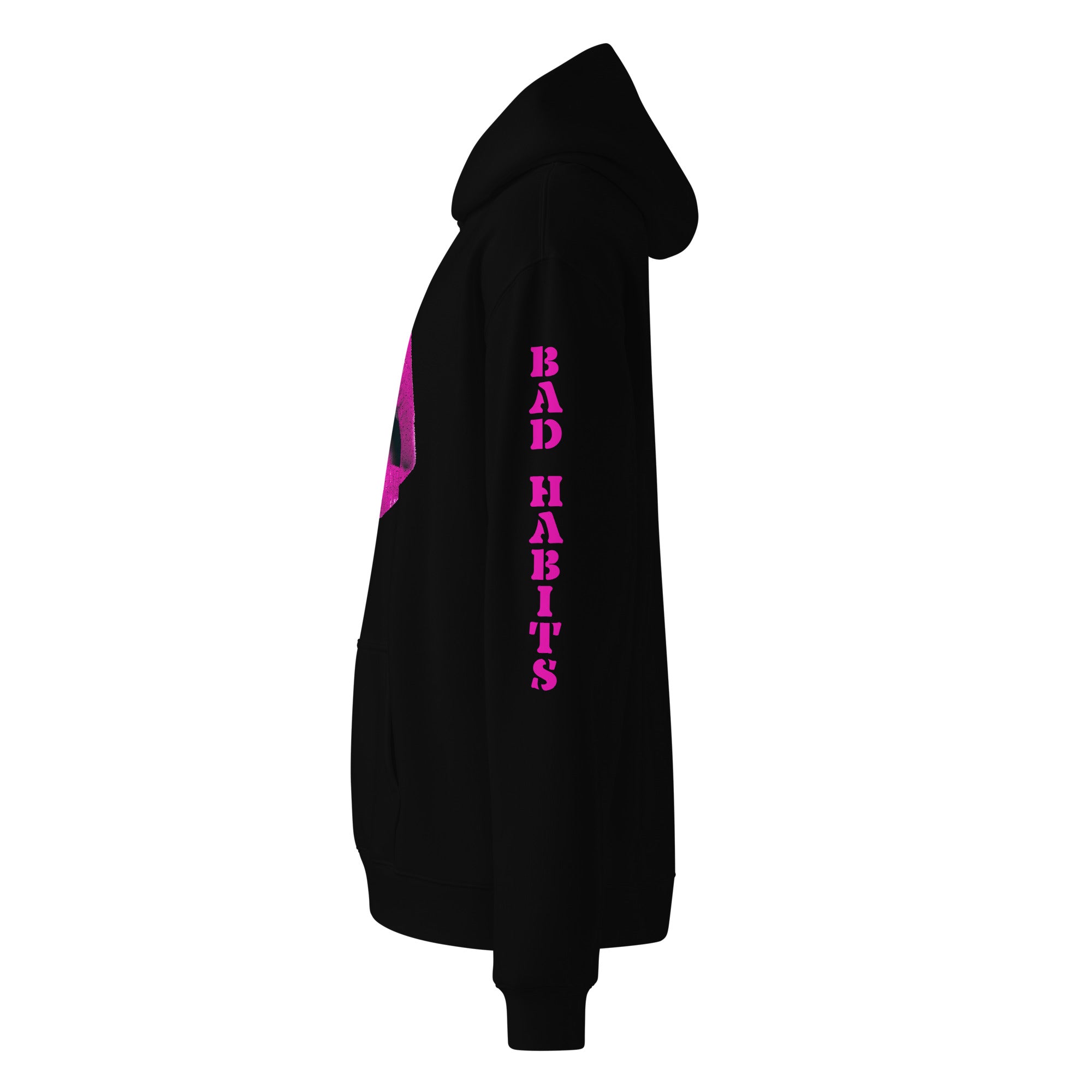 Oversized Hoodie in schwarz mit "Bad Habits" in pinken Design. Verfügt über ein Mund-Motiv auf der Vorderseite und einen "BAD HABITS" Schriftzug auf dem Ärmel. Erhältlich in 4 verschiedenen Farben.