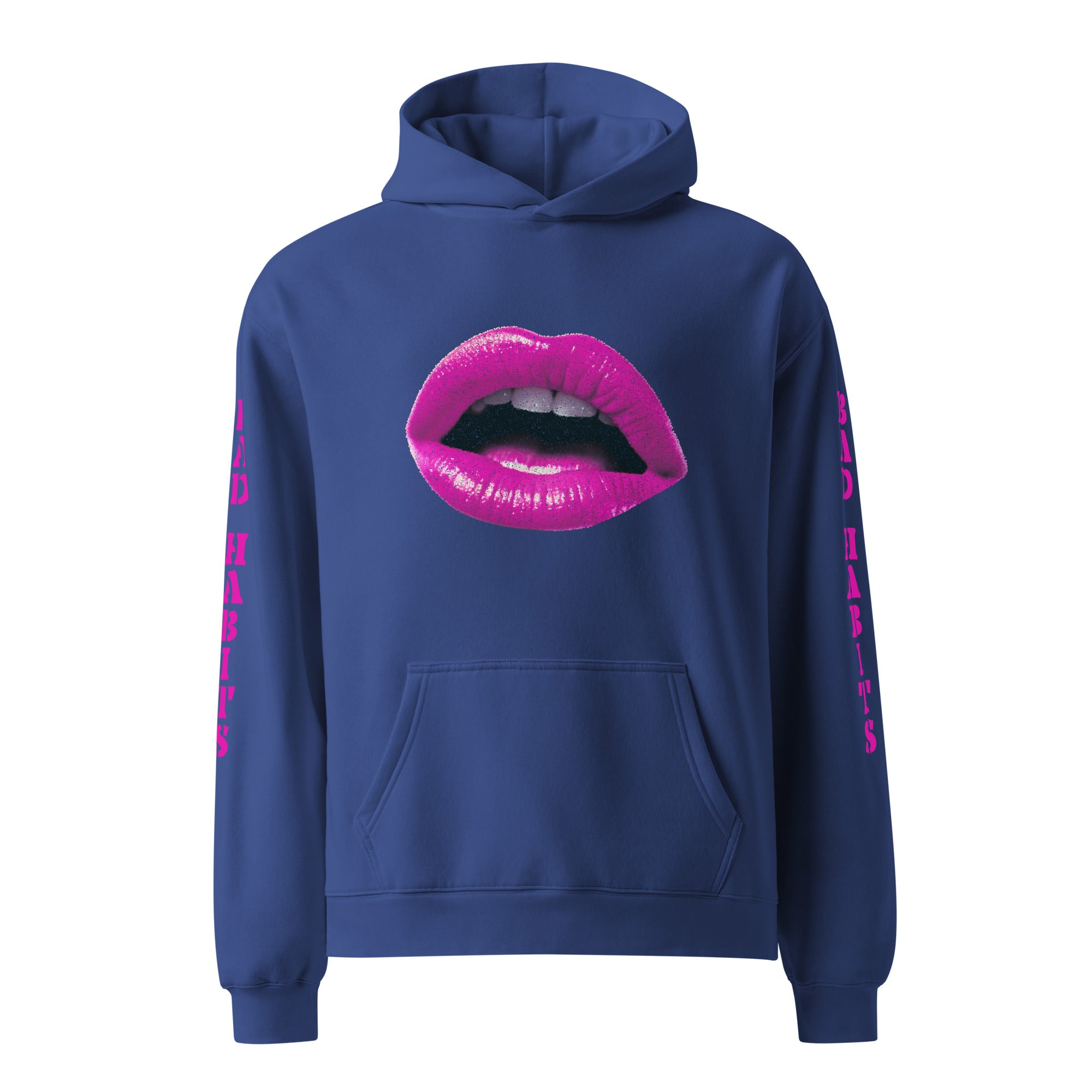 Oversized Hoodie in cobalt blau mit "Bad Habits" Design. Verfügt über ein Mund-Motiv auf der Vorderseite und einen "BAD HABITS" Schriftzug auf dem Ärmel. Erhältlich in 4 verschiedenen Farben.

