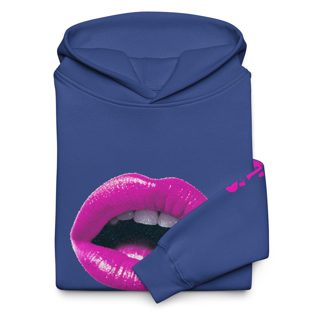 Oversized Hoodie in cobalt blau mit "Bad Habits" Design. Verfügt über ein Mund-Motiv auf der Vorderseite und einen "BAD HABITS" Schriftzug auf dem Ärmel. Erhältlich in 4 verschiedenen Farben.