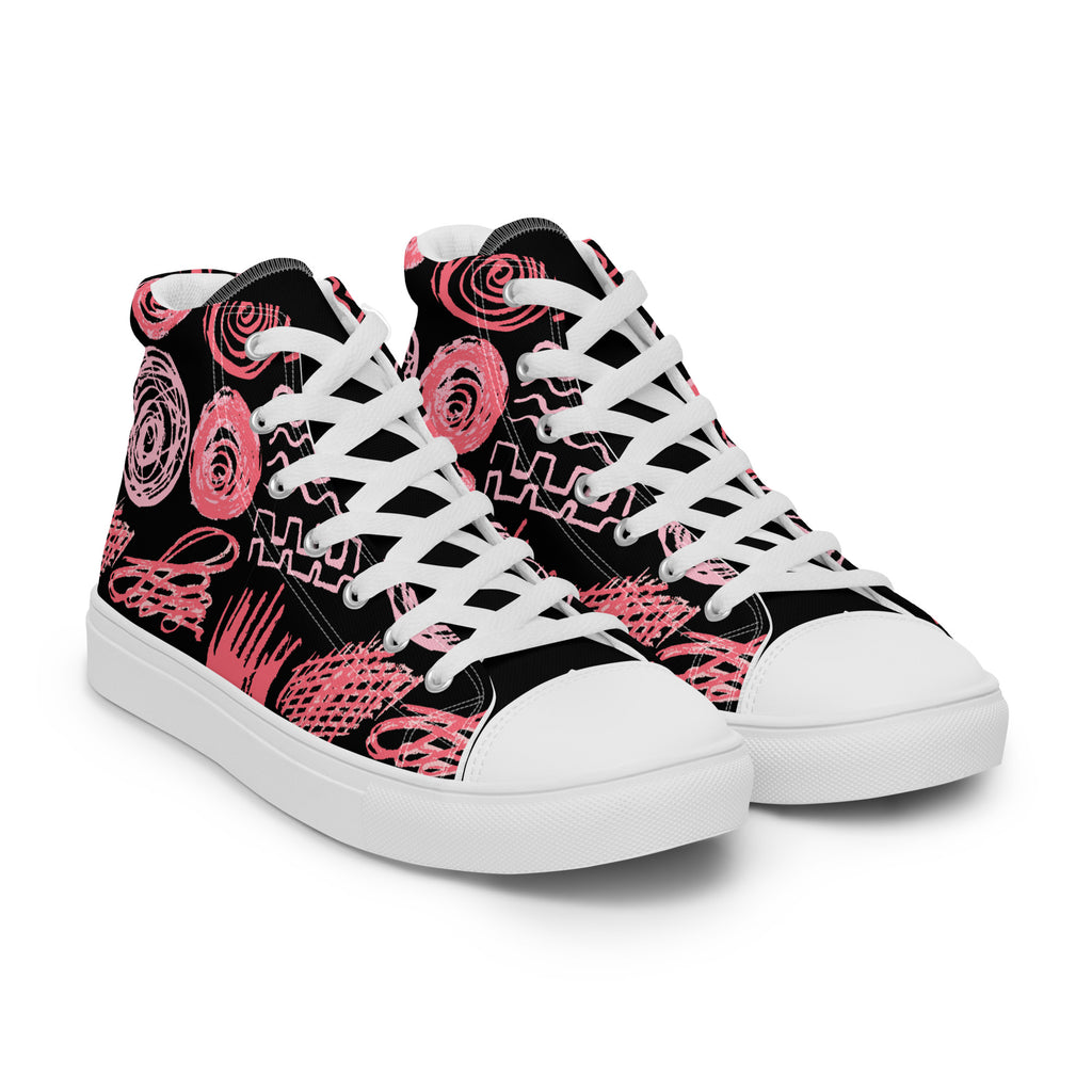 Ansicht von vorne der geschlossenen weiße High-Top Canvas Schuhe mit einem bunten, Scrill Art abstrakten Muster aus geschwungenen, kritzelartigen Formen in verschiedenen Pinktönen. Die Schnürsenkel und Sohlen sind weiß. Die Schuhzunge ist aber Schwarz. Designed, by Just a Girl.