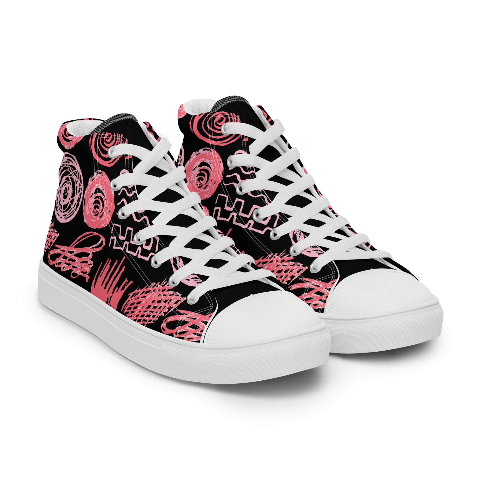 Ansicht von vorne der geschlossenen weiße High-Top Canvas Schuhe mit einem bunten, Scrill Art abstrakten Muster aus geschwungenen, kritzelartigen Formen in verschiedenen Pinktönen. Die Schnürsenkel und Sohlen sind weiß. Die Schuhzunge ist aber Schwarz. Designed, by Just a Girl.