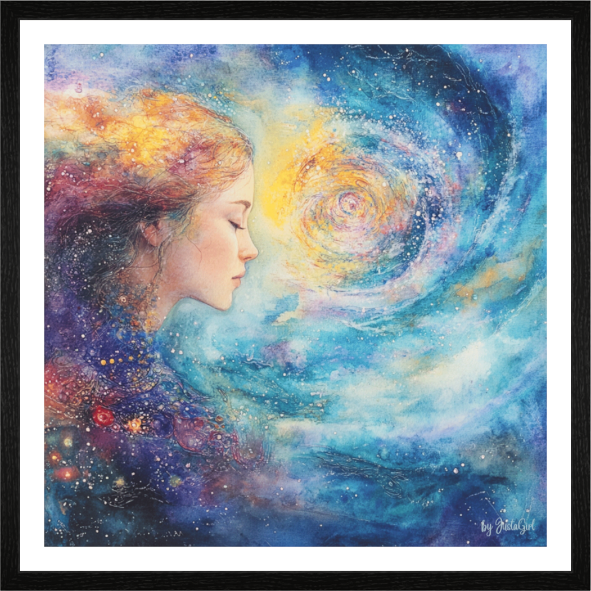 Das Kunstwerk "Wenn der Weg stimmt", gerahmt in Schwarz, zeigt das Profil einer Frau mit geschlossenen Augen. Haar und Körper gehen in eine farbenfrohe, wirbelnde Galaxie über. Leuchtende Orange-, Rot-, Gelb- und Blautöne, gesprenkelt mit Sternen und Mustern, führen zu einem hellen, zentralen Licht. Designed, by Just a Girl