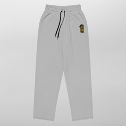 Freigestellte Jogginghose in "silber grau", gerade geschnitten mit elastischem Bund und Frontprint – minimalistisches Streetwear-Design.