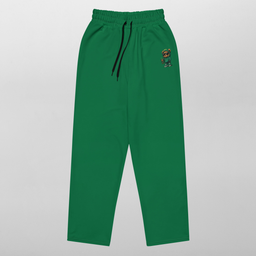 Freigestellte Jogginghose in "smaragd grün", gerade geschnitten mit elastischem Bund und Frontprint – minimalistisches Streetwear-Design.