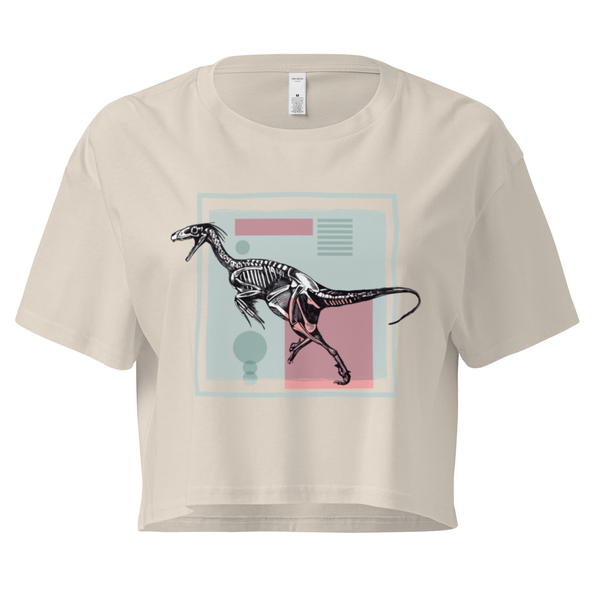 Ein beige farbenes, kurz geschnittenes Damen-T-Shirt (Crop Top) mit einem weißen Kastenrahmen in der Mitte. Innerhalb des Rahmens befindet sich eine Illustration eines Dinosaurierskeletts, das auf einer Farbfeldfläche aus Rosa und Mintgrün platziert ist. Der Dinosaurier ist in einer Laufhaltung dargestellt.