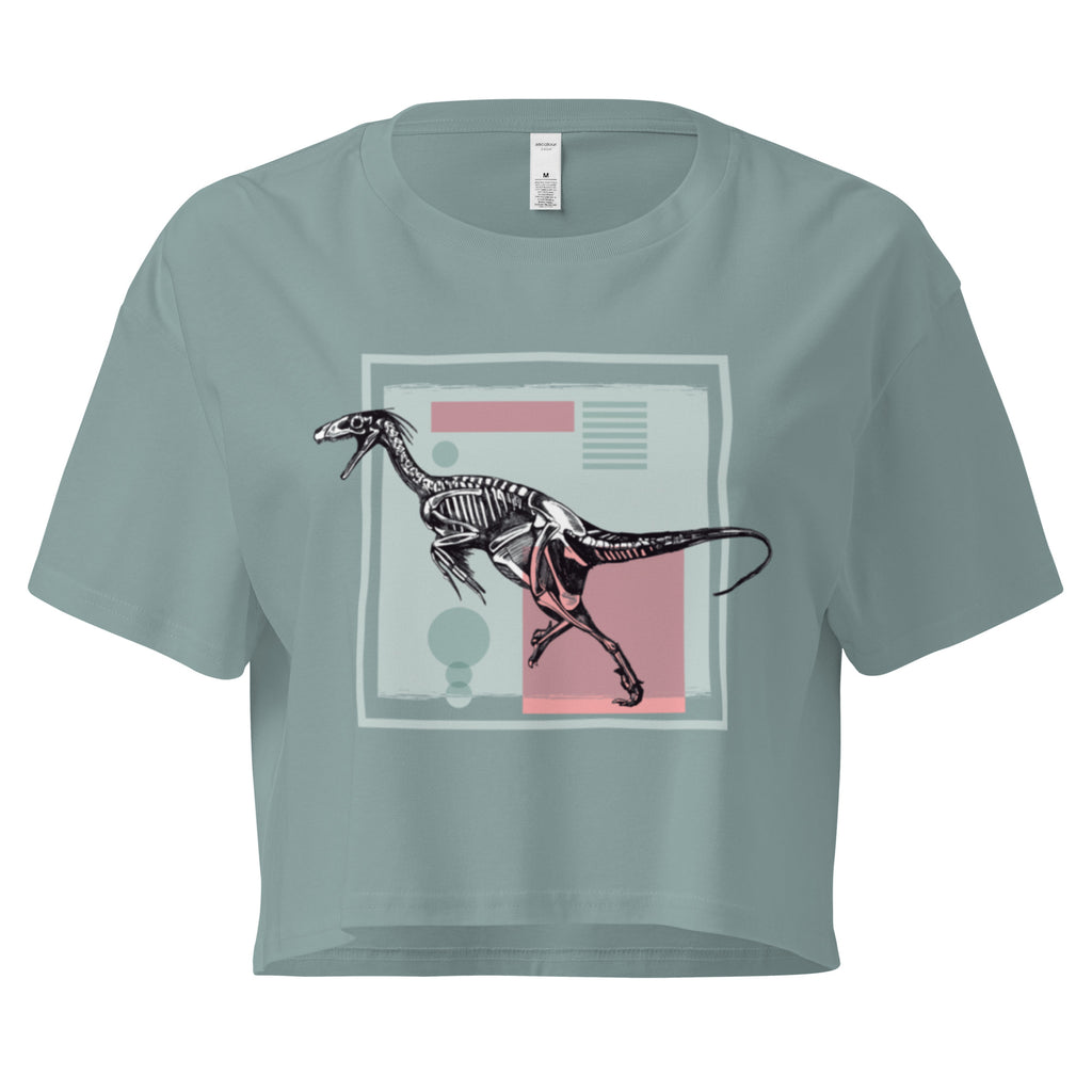Ein mineral farbenes, kurz geschnittenes Damen-T-Shirt (Crop Top) mit einem weißen Kastenrahmen in der Mitte. Innerhalb des Rahmens befindet sich eine Illustration eines Dinosaurierskeletts, das auf einer Farbfeldfläche aus Rosa und Mintgrün platziert ist. Der Dinosaurier ist in einer Laufhaltung dargestellt.