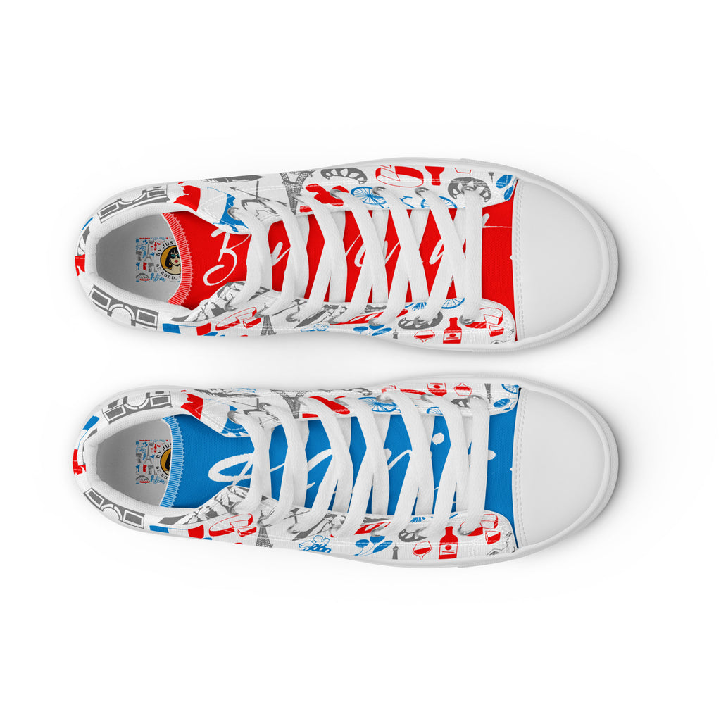 High-Top Canvas Schuhe für Damen Ansicht von oben beide geschlossen, bedruckt mit einem bunten Muster aus Pariser Motiven wie dem Eiffelturm und Fahrrädern. Die linke Schuhzunge ist rot mit einem weißen Schriftzug "Bon vivant", die rechte ist blau mit dem weißen Schriftzug "Paris". Die Schuhsohle, Fusskappe und Schnürsenkel sind weiß. Designed, by Just a Girl