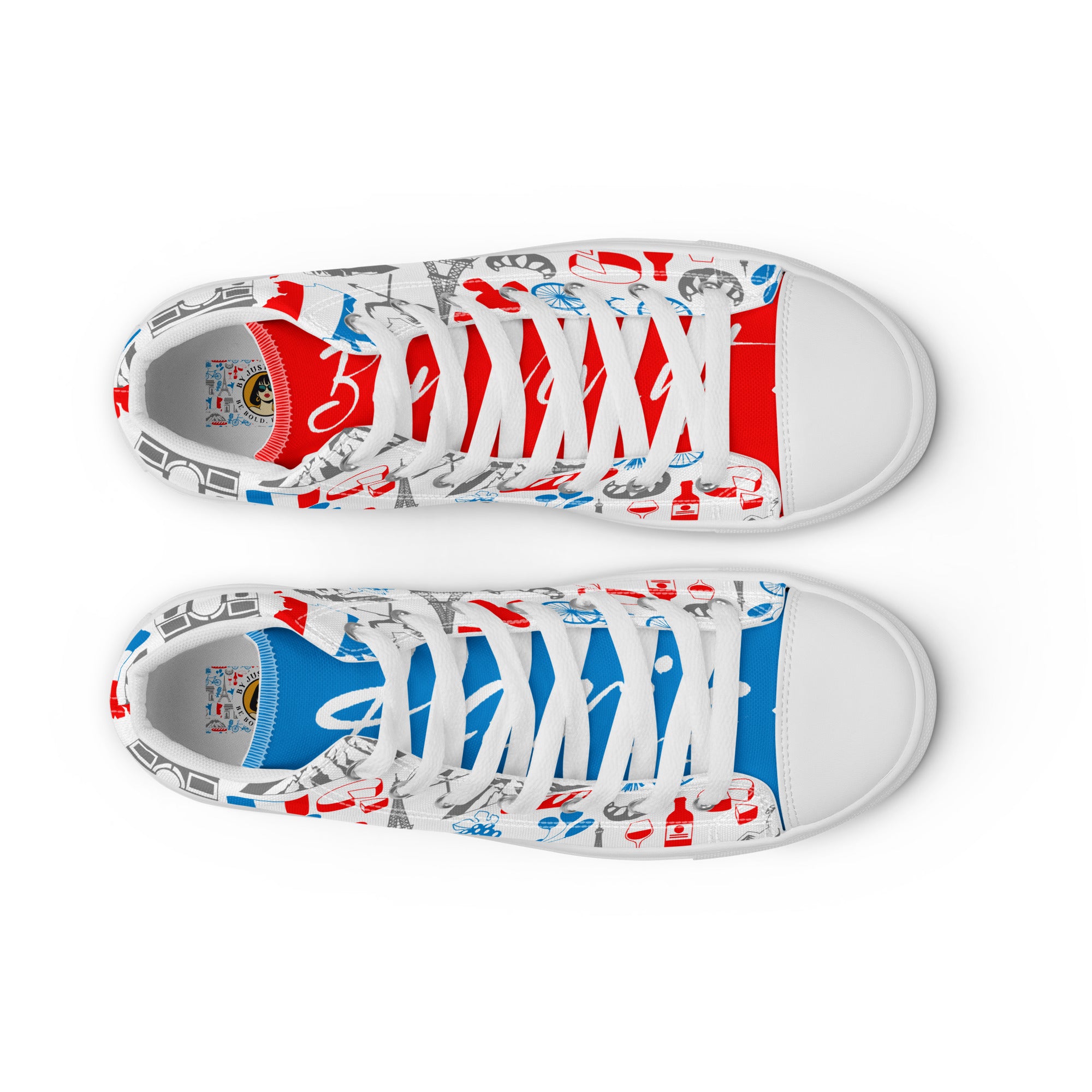 High-Top Canvas Schuhe für Damen Ansicht von oben beide geschlossen, bedruckt mit einem bunten Muster aus Pariser Motiven wie dem Eiffelturm und Fahrrädern. Die linke Schuhzunge ist rot mit einem weißen Schriftzug "Bon vivant", die rechte ist blau mit dem weißen Schriftzug "Paris". Die Schuhsohle, Fusskappe und Schnürsenkel sind weiß. Designed, by Just a Girl