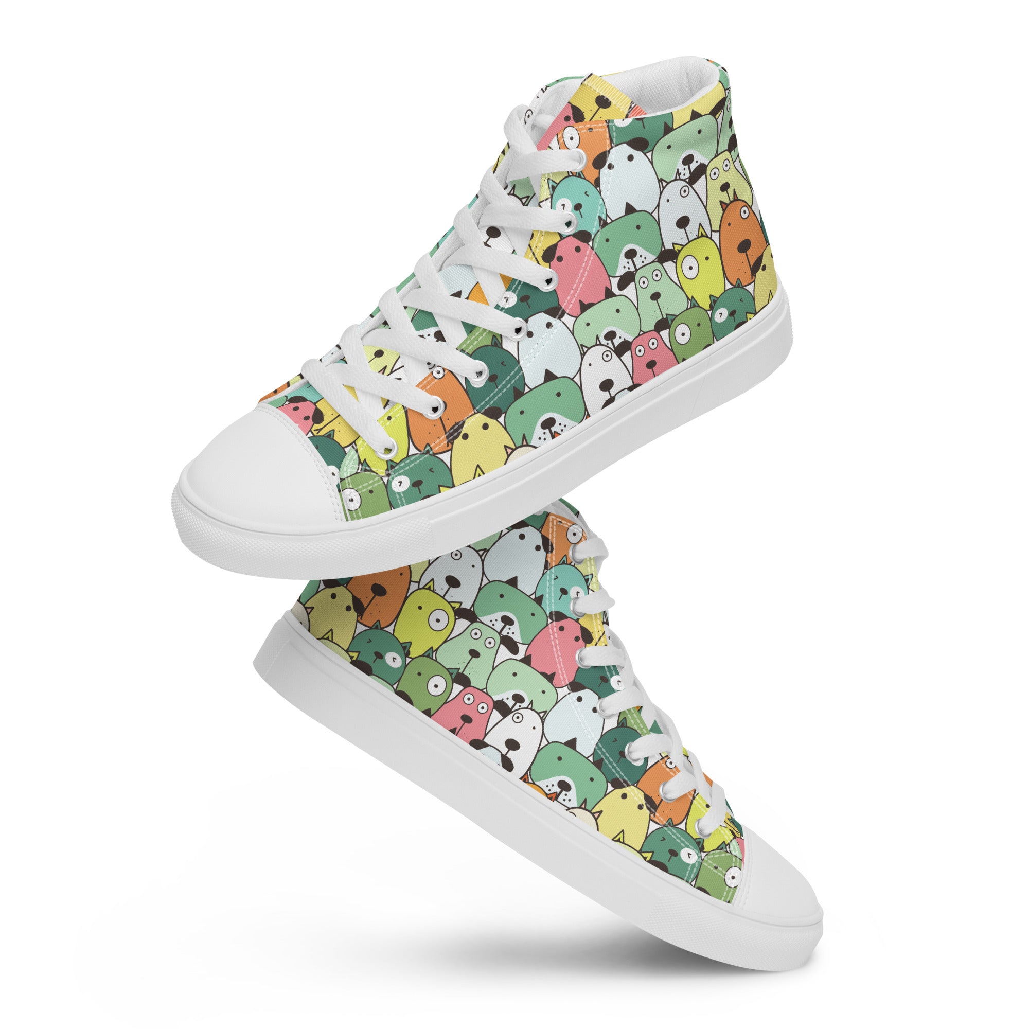 Ein Paar schwebende weiße High-Top-Sneaker mit einem dichten, sich wiederholenden Muster aus stilisierten, farbenfrohen Cartoon-Köpfen von Tieren oder fantastischen Kreaturen in Tönen wie Gelb, Grün, Rosa, Orange und Hellblau. Die Schnürsenkel und Zehenkappen sind weiß. Designed, by Just a Girl.
